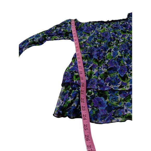 Y2K VINTAGE Ruffled Blouse Top L Floral Purple Green Whimsigoth Cottage Coquette - Picture 7 of 12